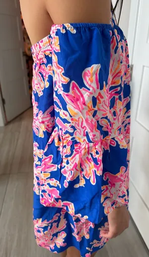 Lilly Pulitzer 100% Silk Blue Floral Off-Shoulder Women’s Dress Sz S Bell Sleeve thumbnail 1