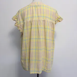 Democracy Blouse 1X Yellow Plaid Ruffle Cap Sleeve Button Front Cottagecore thumbnail 5