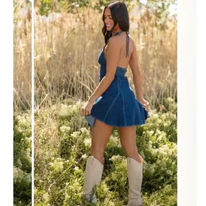 Blue Blush Halter Neck Pleated Denim Mini Dress Cowgirl Nashville Western Size S thumbnail 11