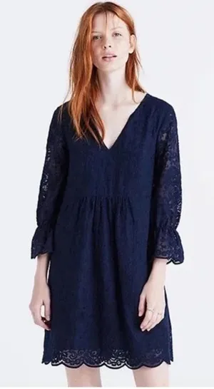 Madewell‎ Slowsong Dress Womens 0 Navy Blue Embroidered Lace Coastal Grandmother thumbnail 1