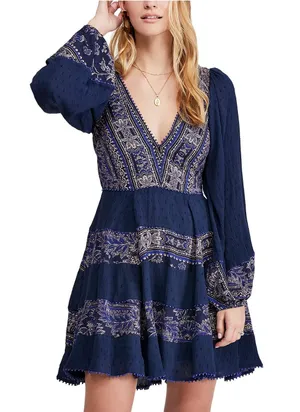 Free People My Love Blue Floral Boho Long Balloon Sleeve A Line Mini Dress Sz L thumbnail 1