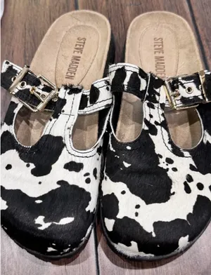 Steve Madden 'Atticus' Black & White Cow Print Calf Hair T-Strap Buckle Clogs thumbnail 7