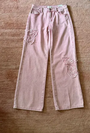 1030 Tenthirty Pink Baggy Wide Leg Jeans XS Butterfly Applique NWT thumbnail 1