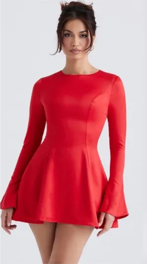 House of CB Sacha Red Satin Mini Dress‎ Long Flare Sleeve Bodycon Womens S thumbnail 1
