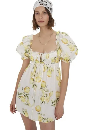 For Love & Lemons Serafina Yellow Lemons Mini Dress Womens S thumbnail 1