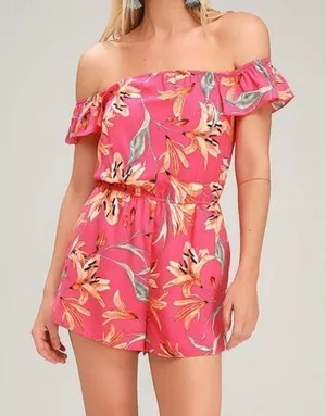 Lulus After Sunset Magenta Pink Floral Off the Shoulder Romper‎ SMALL thumbnail 1