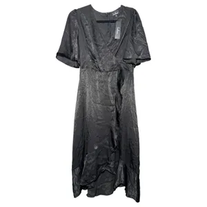 Lulus Black Metallic Wrap Midi Dress Flutter Sleeve High‎ Low Ruffle M NWT thumbnail 2