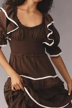 Anthropologie Puff Sleeve Scoop Neck Tiered Maxi‎ Dress S Cottage Ruffle Smocked thumbnail 1