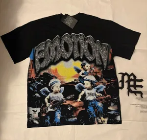 Mixed Emotion black graphic tee with rhinestones featuring three children with wings and guitars, size S thumbnail 1