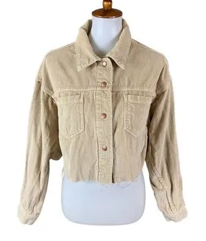 BDG Beige Corduroy‎ Cropped Jacket Small Button Front Long Sleeve Raw Hem thumbnail 1