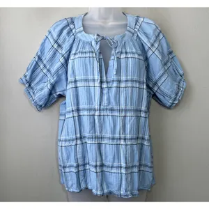 LOFT Peasant Top Size Medium Blue Plaid Crinkle Country Boho Cowgirl Western thumbnail 1