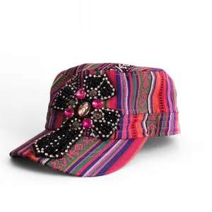 Y2K Boho Chic Kitschy Gypsy Hippie Aztec Western Beaded cross messenger cadet military newspaper baker boy cap hat thumbnail 5