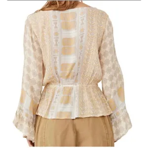 Free People Boho Peplum Top Mustard Floral Long Sleeve V-Neck" Sz S/P thumbnail 2