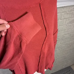Free People We The Free Red Waffle Knit Thermal Raw Hem Top XS thumbnail 3