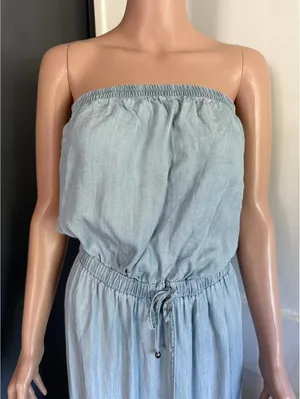 Light Blue Chambray Strapless Maxi Dress with Elastic Waist thumbnail 3