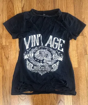 Vintage Rock and Roll Black Graphic Tee with Distressed Detailing - stretchy Lg thumbnail 1