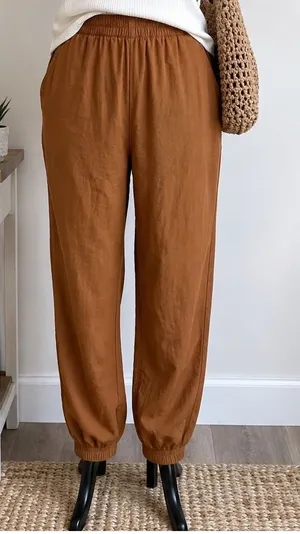 Old Navy Women Pants Playa‎ Taper Brown Cognac Rayon Elastic Waist Small thumbnail 1