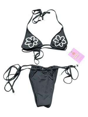 Strawberry Milk Bob Triangle Bikini Set Small Black Pearl Floral Beaded NWT thumbnail 1