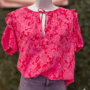 Karlie Pink Floral Cotton Puff Sleeve Blouse Small Preppy Boutique Boho Chic thumbnail 2