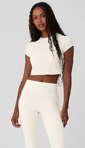 Alo Yoga Ribbed Sea Coast Ivory Cropped Short Sleeve Crewneck Tee Size Small thumbnail 1