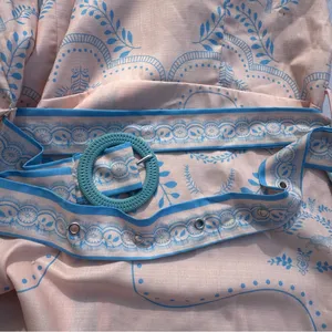 YOZY Pink Blue Palm Print Shirt Dress Belted Linen Blend Size L (8-10) thumbnail 13