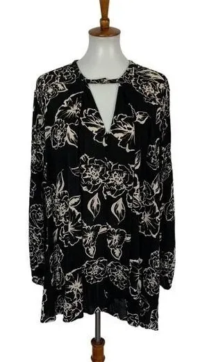 Free People Black White Floral Print Long Sleeve Tunic Top Size Small‎ thumbnail 1