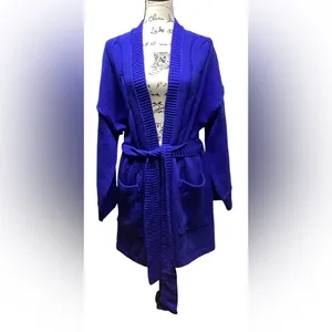 POL chunky cable knit sweater Long open front Belted cardigan Royal Size M/… thumbnail 3