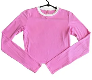 Skims Size M Ringer Long Sleeve Crop‎ Top Bubblegum Pink Soft Lounge Ribbed thumbnail 1
