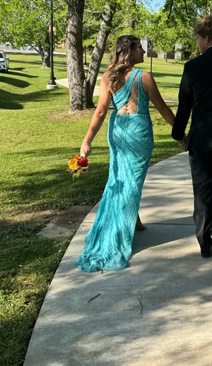 Ashley Lauren Turquoise, one-shouldered, beaded prom or pageant dress thumbnail 4