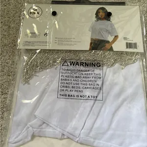 New White Cropped T-Shirt with Rhinestone Fringe women size L/XL party costumes thumbnail 5