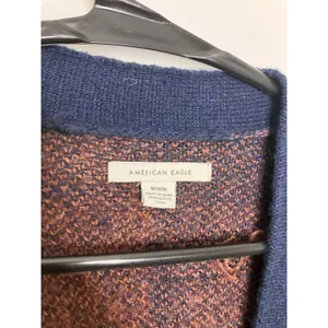 American Eagle Cardigan Women M Blue Orange Excellent Plaid Wool Blend Longline thumbnail 2