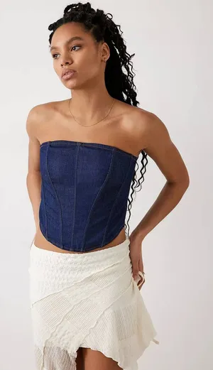 BDG Urban Outfitters NWT Denim Corset Tube Top Indigo‎ Blue Strapless Hook Eye L thumbnail 1