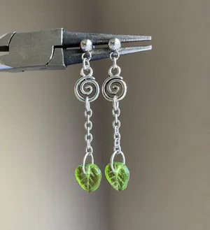 Handmade fairy forest vintage retro aesthetic style swirl & Czech glass leaf dangle earrings🍃⭐️🌙 thumbnail 1