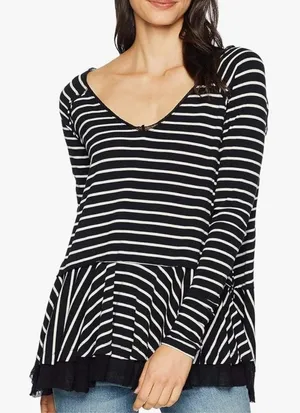 We The Free Free People Black White Striped Peplum Thermal V-Neck Top XS 883 thumbnail 1