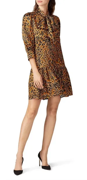 Hunter Bell New York Silk Leopard Print Tie Neck Drop Waist Mini‎ Dress XS Brown thumbnail 1