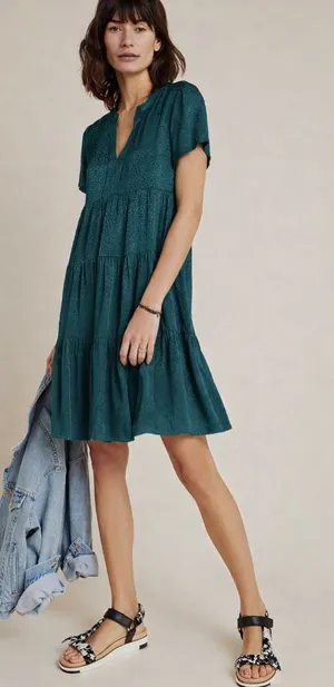 Anthropologie Maeve Tania Sacha Jacquard Tiered Tunic Dress‎ Dark Teal Green XS thumbnail 1