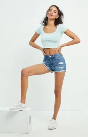 Womens PacSun Bend Blue Cuffed Distressed Denim Shortie Shorts - Sz 25 thumbnail 1