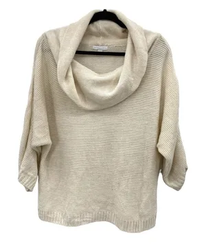 New‎ York & Company Open-Knit Shimmery Cowl Neck Sweater Large Cream Gold Top thumbnail 1