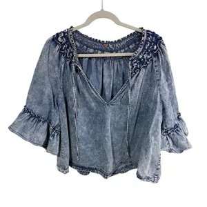 Free People Top Acid Wash Ruffle Bell Sleeve Boho Women's Med Blue Boho Cotton thumbnail 2