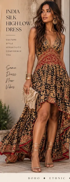Bohemian Indian Silk V-Neck High-Low Maxi Dress thumbnail 3