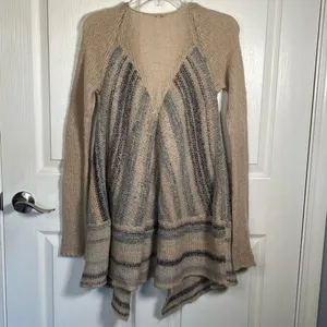 Free People Sz S Cardigan Toggle Closure Wool Blend Tan Blue Metallic thumbnail 8