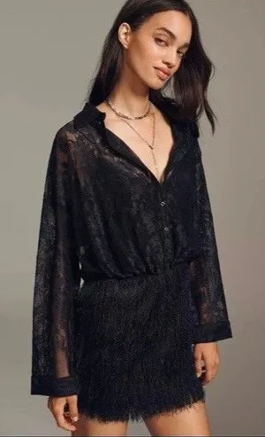 Anthropologie Maeve Fringe Twofer Dress Black Sz M NEW Elegant Classic Party thumbnail 1
