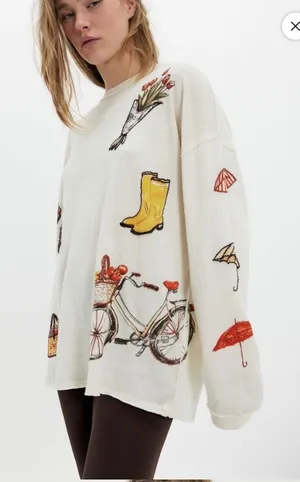 We The Free Ivory Embroidered Knit Long Sleeve Crew Neck Pullover Top Size M thumbnail 1