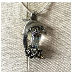 Silver tone crystal dolphin pendant necklace thumbnail 3
