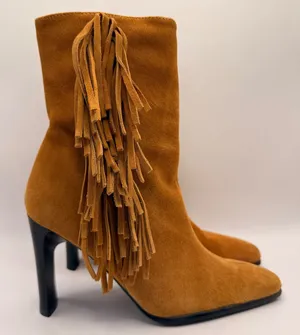 Predictions Leather Collection Tan Suede Fringe Square Pointed Toe Boots Size 7 thumbnail 1