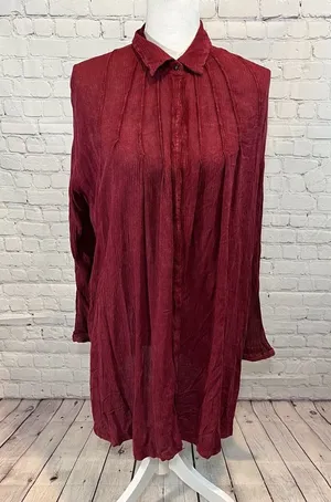 FREE PEOPLE Shirt Dress Long Sleeve Rayon Crinkle Burgundy-Small thumbnail 1
