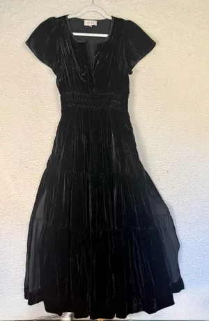 Dear John Dress Womens‎ Small Black Maxi Velvet Smocked Witchy Goth Whimsygoth thumbnail 1