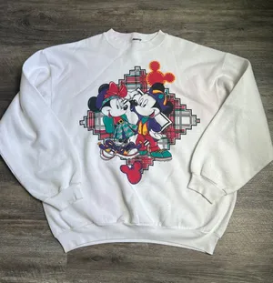 Disney Mickey Minnie Plaid Sweatshirt White Retro 🦋 thumbnail 1