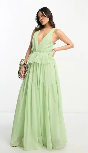 NWT ASOS light green full length plunge dress with cross over back detail US size 4 thumbnail 1