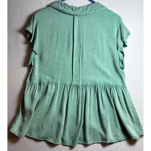 Sodifl Women Green Mineral Wash Babydoll Button Down Peplum Blouse Large thumbnail 3